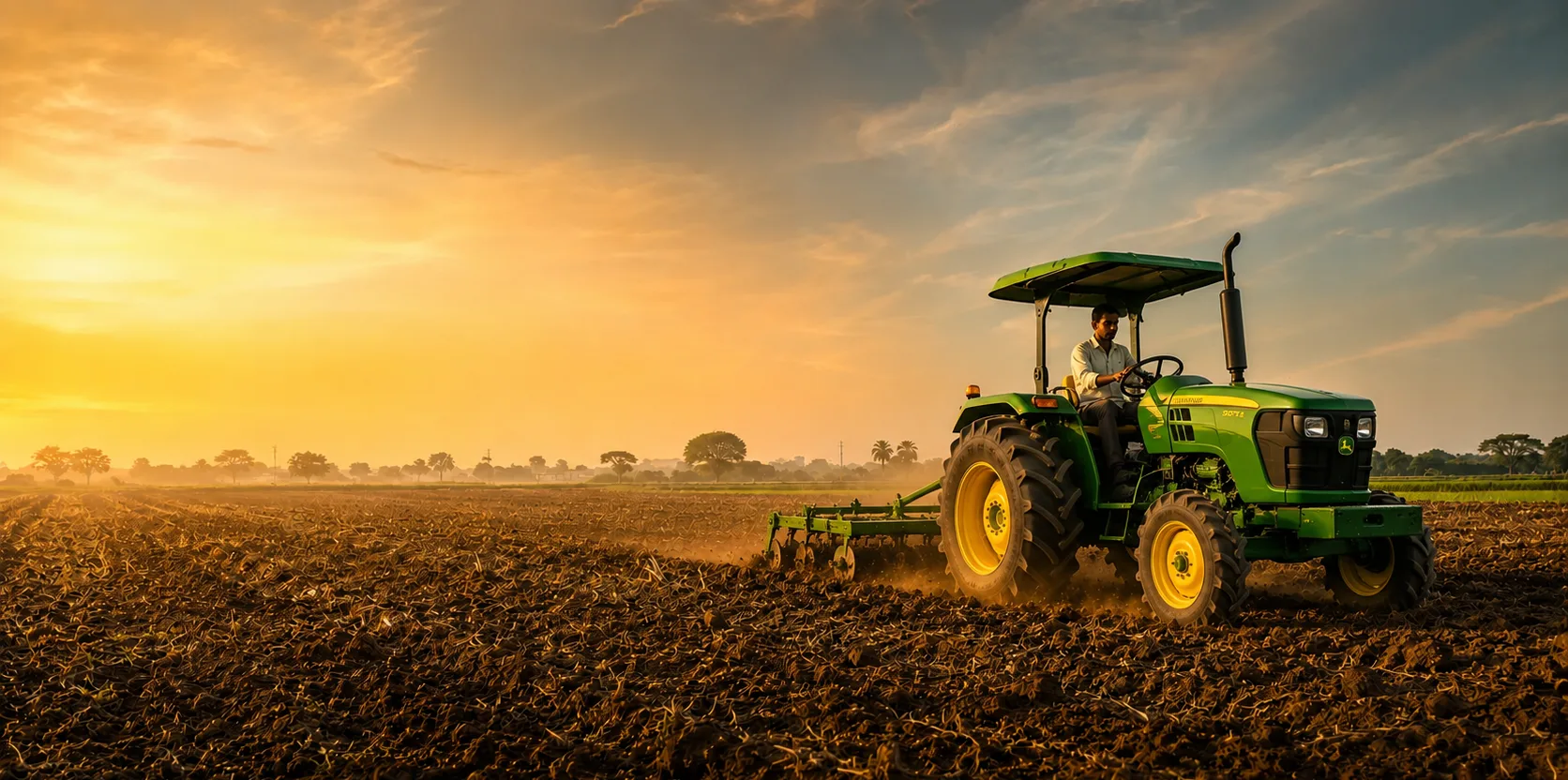 John Deere tractor drawing a mounted implement through a Bihar field at golden hour